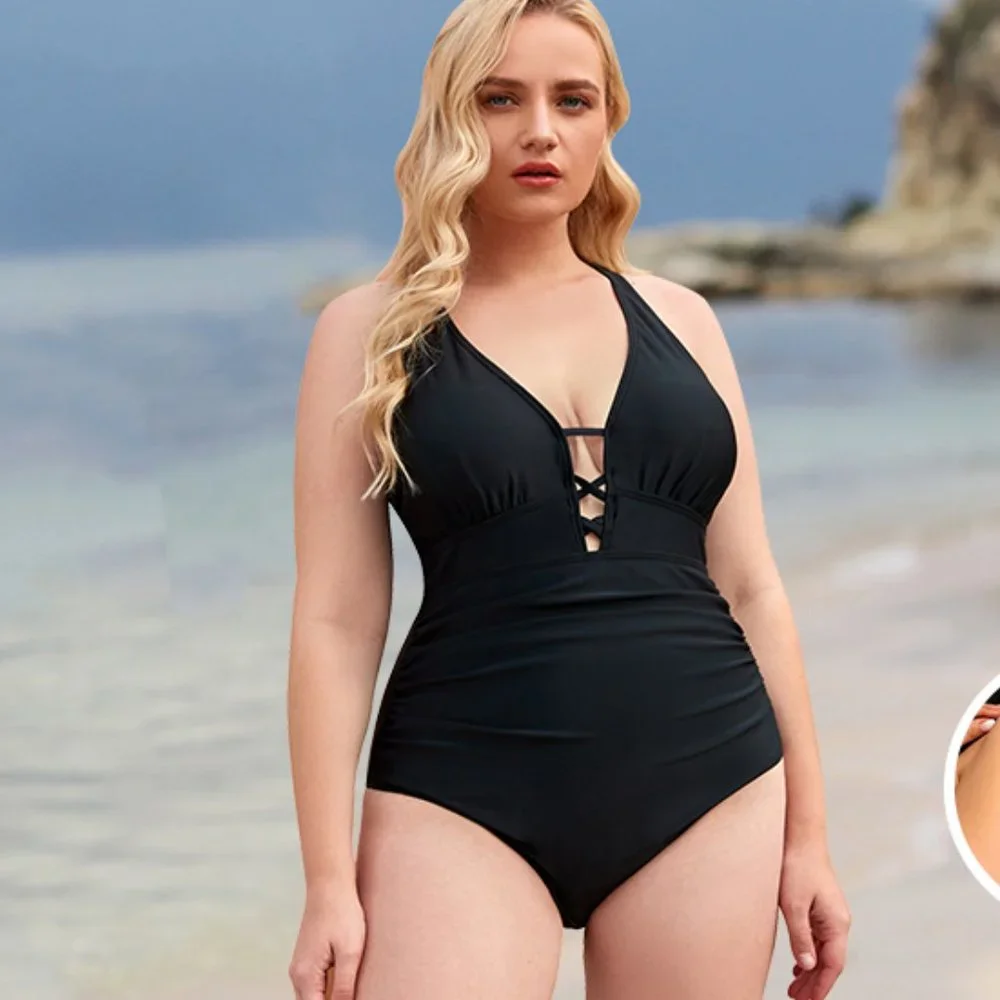 YONIQUE Lace up Plunge Front One Piece swimsuit 🏖️ NEW WITH TAG!!!